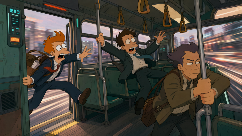 越开越快的公交车与抓不稳扶手的人